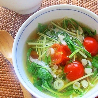 簡単♪水菜とエビとトマトの中華風スープ